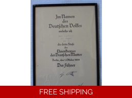 Original german document Adolf Hitler signed 3rd grade mother cross