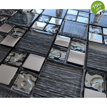 Black Glass Foil Silver Chrome Grey Metal Square Mosaic Wall Tile