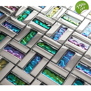Blue Green Red Rainbow Glass Metal Chrome Silver Mosaic Wall Tile