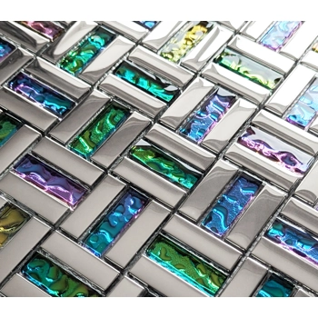 Blue Green Red Rainbow Glass Metal Chrome Silver Mosaic Wall Tile