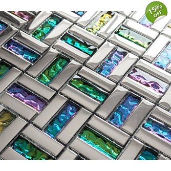 Blue Green Red Rainbow Glass Metal Chrome Silver Mosaic Wall Tile