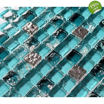 Teal Turquoise Blue Green Silver Crackle Glass Mosaic Wall Tile