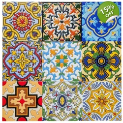 Set of 9 Multi Colour Moroccan Arabic 10cm Square Ceramic Wall & Floor Tiles