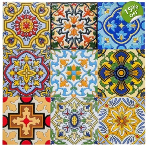 Set of 9 Multi Colour Moroccan Arabic 10cm Square Ceramic Wall & Floor Tiles