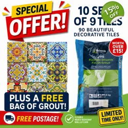 10x Set of 9 Multi Colour Moroccan Arabic 10cm Square Ceramic Wall Tiles + Grout