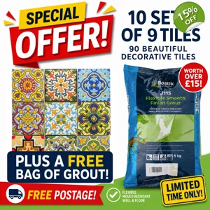 10x Set of 9 Multi Colour Moroccan Arabic 10cm Square Ceramic Wall Tiles + Grout
