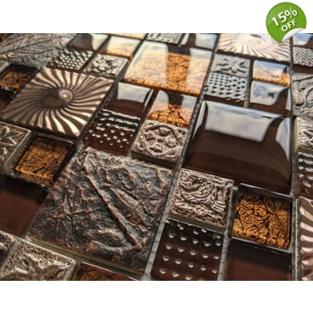 Ancient Nature Textured Stone Glass Metal Copper Brown Mosaic Wall Tile
