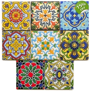 Set of 8 Multi Colour Moroccan Arabic 10cm Square Ceramic Wall & Floor Tiles