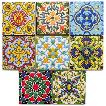 Set of 8 Multi Colour Moroccan Arabic 10cm Square Ceramic Wall & Floor Tiles