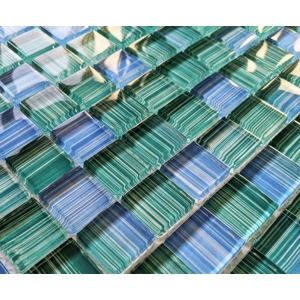 Blue Green Humbug Stripe Glass Square Mosaic Wall Tile