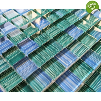 Blue Green Humbug Stripe Glass Square Mosaic Wall Tile
