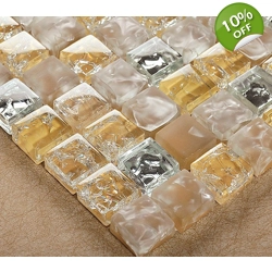 Beige Cream Nugget Crackle Glass Small Square Mosaic Wall Tile