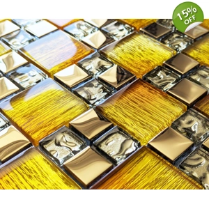 Luxury Gold Iridescent Glass Foil & Metal Square Mosaic Wall Tile