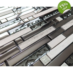 Silver Chrome Metal Glass Long Grey Stone Rectangle Mosaic Wall Tile