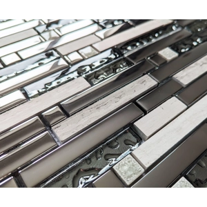 Silver Chrome Metal Glass Long Grey Stone Rectangle Mosaic Wall Tile