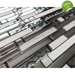 Silver Chrome Metal Glass Long Grey Stone Rectangle Mosaic Wall Tile