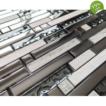 Silver Chrome Metal Glass Long Grey Stone Rectangle Mosaic Wall Tile