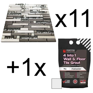 11x Silver Chrome Metal Glass Grey Stone Rectangle Mosaic Wall Tile + Grout