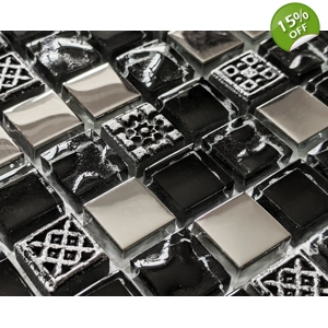 Black Ancient Pattern Silver Chrome Square Mosaic Wall Tile