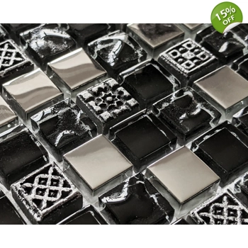 Black Ancient Pattern Silver Chrome Square Mosaic Wall Tile