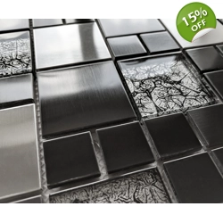 Black Silver Grey Foil Glass Brushed Steel Metal Mosaic Wall Tile