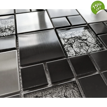 Black Silver Grey Foil Glass Brushed Steel Metal Mosaic Wall Tile
