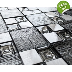 Silver Grey Textured Glass Brushed Steel Square Mosaic Wall Tile