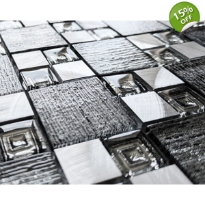 Silver Grey Textured Glass Brushed Steel Square Mosaic Wall Tile