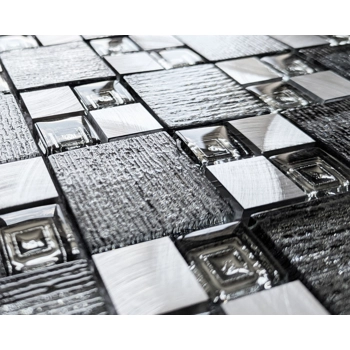 Silver Grey Textured Glass Brushed Steel Square Mosaic Wall Tile