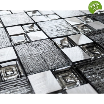 Silver Grey Textured Glass Brushed Steel Square Mosaic Wall Tile