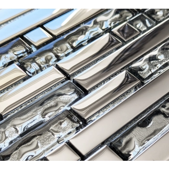 Pre-Order Long Chrome Rectangle Silver Grey Metal Glass Mosaic Wall Tile