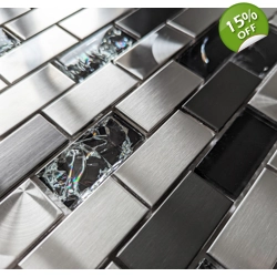 Brushed Steel Silver Grey Metal Black Crackle Glass Mosaic Wall Tile