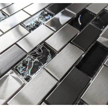 Brushed Steel Silver Grey Metal Black Crackle Glass Mosaic Wall Tile