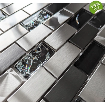 Brushed Steel Silver Grey Metal Black Crackle Glass Mosaic Wall Tile