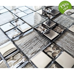 Silver Chrome Metal & Light Foil Glass Grey Square Mosaic Wall Tile