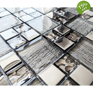 Silver Chrome Metal & Light Foil Glass Grey Square Mosaic Wall Tile