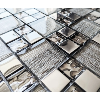 Silver Chrome Metal & Light Foil Glass Grey Square Mosaic Wall Tile