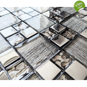 Silver Chrome Metal & Light Foil Glass Grey Square Mosaic Wall Tile