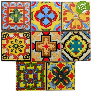 Set of 8 Multi Colour Spanish Moroccan Arabic 10cm Square Ceramic Wall & Floor Tiles