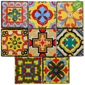 Set of 8 Multi Colour Spanish Moroccan Arabic 10cm Square Ceramic Wall & Floor Tiles