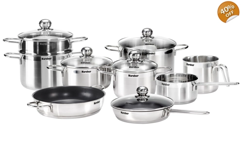 Комплект тенджери Karcher Jette, неръждаема стомана (14 части), включително 5 стъклени капака, индук