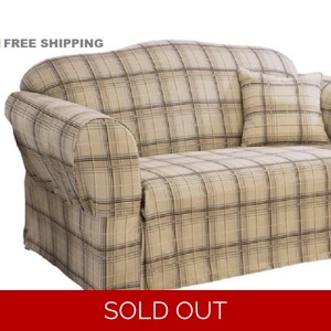 Sure Fit LOVESEAT Slipcover Plaid Tan Brown Tailored Skirt..