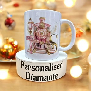 personalised pink train Christmas mug