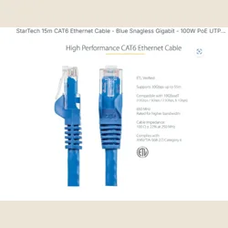 StarTech 15m CAT6 Ethernet Cable - Blue Snagless Gigabit - 100W PoE UTP 250Mhz..