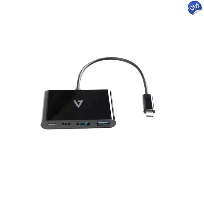 product Image for V7 USB-C Male to 2 x USB A Female 2 x USB-C Female Hub USB 3.2 Gen1 5Gbps Black