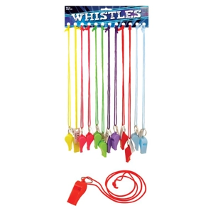 12 x Plastic Neon Whistles on Lanyards