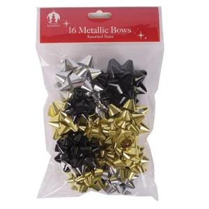 12 x Gift Wrap Bows Black/Gold/Silver 16pk