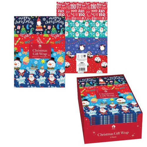 50 x Cute Christmas Gift Wrap Sheets 8pk
