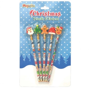 12 x Christmas Pencils With Eraser Toppers 5pk