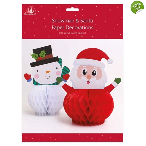12 x Christmas Santa & Snowman Honeycomb Decorations